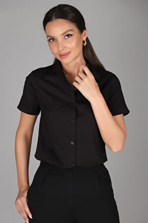 SWEETNESS Kadın Siyah Kısa Kollu Pamuklu Likralı Gömlek 