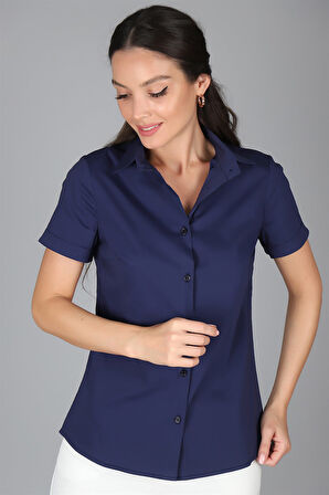 SWEETNESS Kadın Lacivert Kısa Kollu Pamuklu Likralı Gömlek 