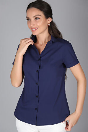 SWEETNESS Kadın Lacivert Kısa Kollu Pamuklu Likralı Gömlek 