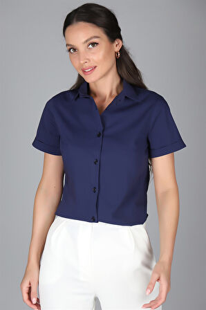 SWEETNESS Kadın Lacivert Kısa Kollu Pamuklu Likralı Gömlek 
