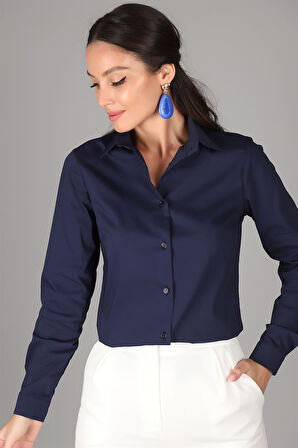 SWEETNESS Kadın Lacivert Likralı Uzun Kol Pamuklu Klasik Gömlek