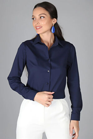 SWEETNESS Kadın Lacivert Likralı Uzun Kol Pamuklu Klasik Gömlek