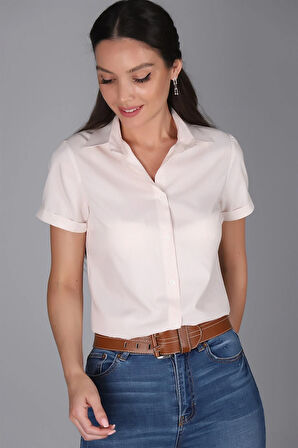 SWEETNESS Kadın Bej Renk Çizgili Kısa Kollu Gömlek 