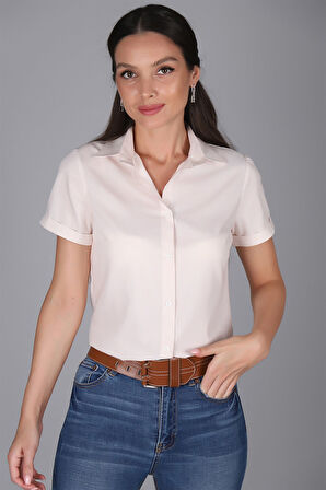 SWEETNESS Kadın Bej Renk Çizgili Kısa Kollu Gömlek 