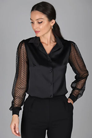SWEETNESS Kadın Siyah Saten Tül Kollu Abiye Gömlek 