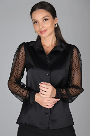 SWEETNESS Kadın Siyah Saten Tül Kollu Abiye Gömlek 