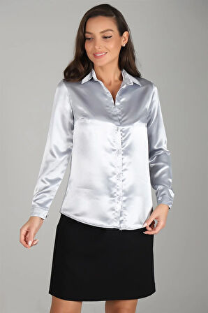 SWEETNESS Kadın Gri Saten Uzun Kol Abiye Gömlek 