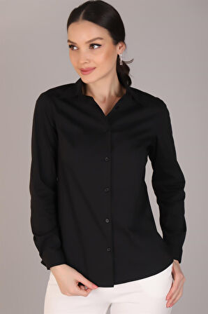 Sweetness Kadın Siyah Likralı Uzun Kol Pamuklu Klasik Gömlek