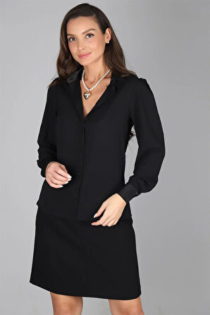 SWEETNESS Kadın Siyah Saten Yakalı Krep Abiye Gömlek