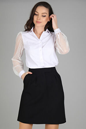 Sweetness Kadın Beyaz Tül Kollu Uzun Kol  Gömlek