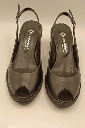 Terre Siyah Deri Dolgu Topuk Sandalet