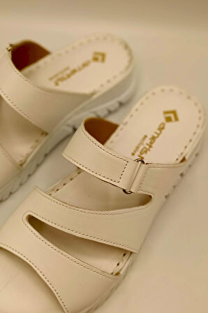 Alda Beyaz Deri Comfort Terlik