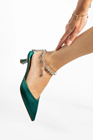 Wanda Yeşil Saten Kristal Taş Detaylı Kadın Topuklu