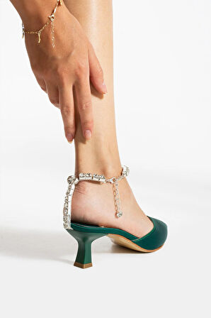 Wanda Yeşil Saten Kristal Taş Detaylı Kadın Topuklu