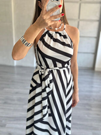 Ayarlanabilir Askılı Geometrik Desenli Kuşaklı Süprem Elbise