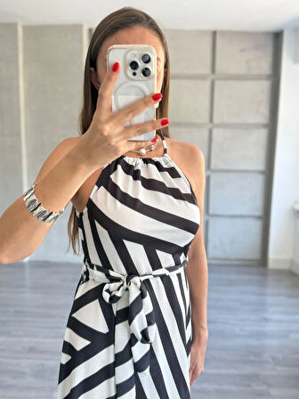 Ayarlanabilir Askılı Geometrik Desenli Kuşaklı Süprem Elbise