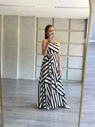 Ayarlanabilir Askılı Geometrik Desenli Kuşaklı Süprem Elbise