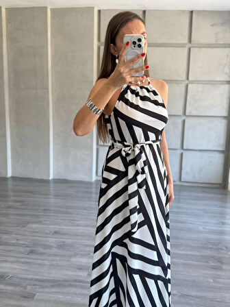 Ayarlanabilir Askılı Geometrik Desenli Kuşaklı Süprem Elbise