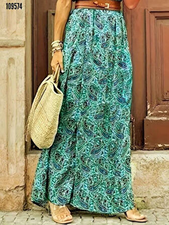 Kısa Kollu V yaka Etnik Desenli Yırtmaçlı Süprem Elbise