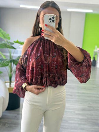 Şal Desenli Omuz Detaylı Bluz