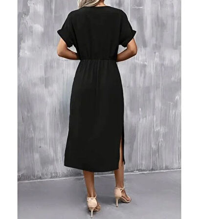 Kısa kollu Belden Bağlamalı Yırtmaçlı Viskon Elbise