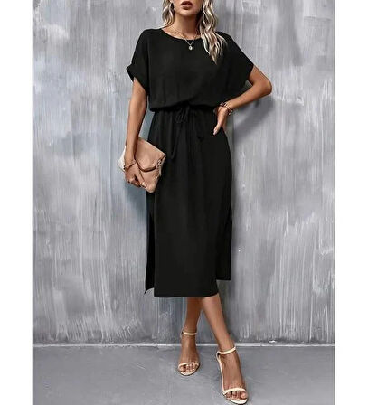 Kısa kollu Belden Bağlamalı Yırtmaçlı Viskon Elbise