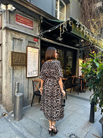 Leopar Desenli Midi Boy Elbise