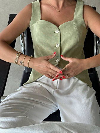 Pamuk Keten Dügmeli Yelek