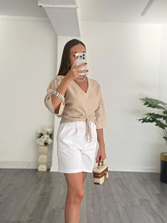 Pamuk Keten Bluz Bej