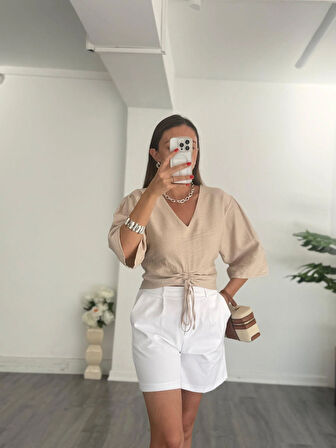 Pamuk Keten Bluz Bej