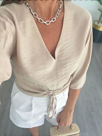 Pamuk Keten Bluz Bej