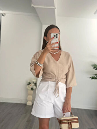 Pamuk Keten Bluz Bej