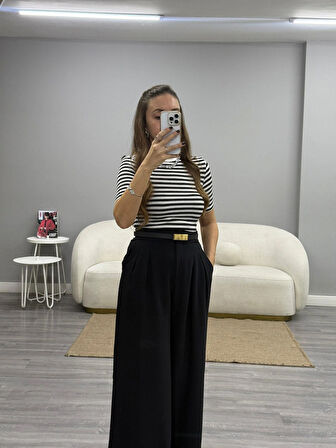 Yüksek Bel Pile Detaylı Pantolon