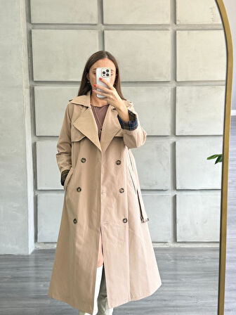 Ekose Detaylı Trençkot Bej