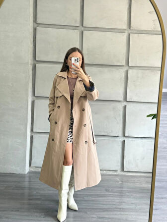 Ekose Detaylı Trençkot Bej