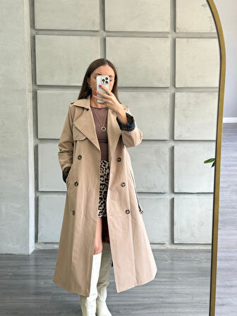 Ekose Detaylı Trençkot Bej