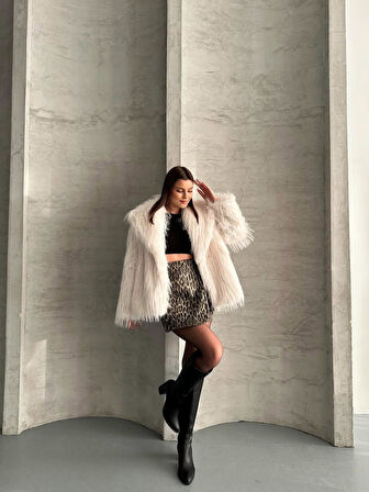 Oversize Saçaklı Kürk Bej