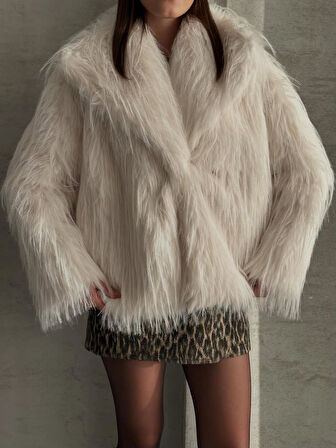 Oversize Saçaklı Kürk Bej