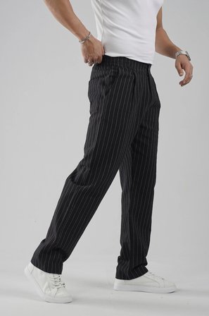 Pileli Baggy Fit Kalıp Pamuklu Keten Çizgili Pantolon