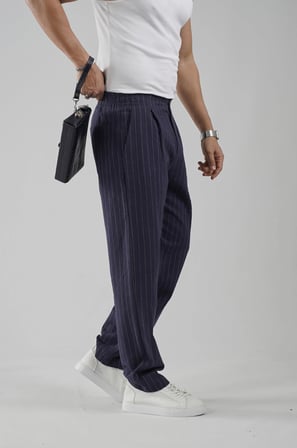 Pileli Baggy Fit Kalıp Pamuklu Keten Çizgili Pantolon
