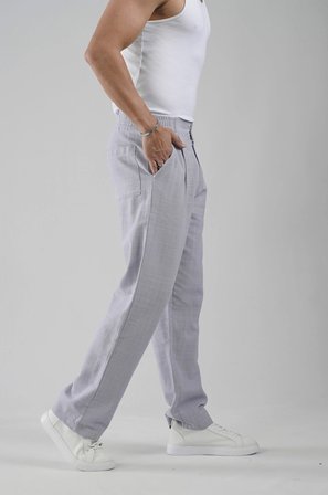 Pileli Baggy Fit Kalıp Pamuklu Keten Çizgili Pantolon
