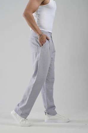 Pileli Baggy Fit Kalıp Pamuklu Keten Çizgili Pantolon