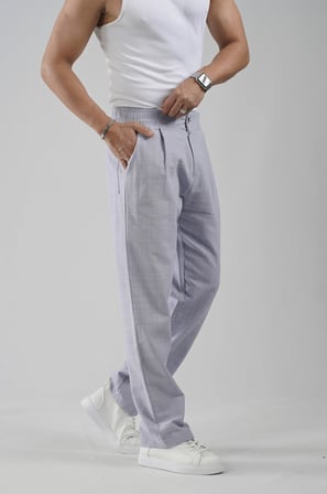 Pileli Baggy Fit Kalıp Pamuklu Keten Çizgili Pantolon