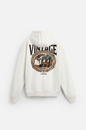 Kapuşonlu Vintage Baskılı Unisex Oversize Kalıp Hoodie