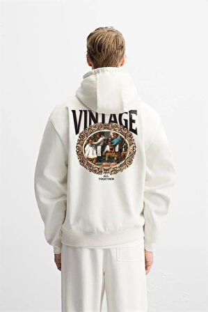 Kapuşonlu Vintage Baskılı Unisex Oversize Kalıp Hoodie