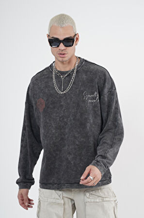 Bisiklet Yaka Ön ve Arka Basılı Yıkamalı Oversize Kalıp Unisex Sweatshirt