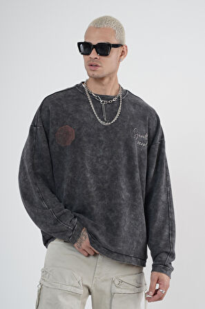 Bisiklet Yaka Ön ve Arka Basılı Yıkamalı Oversize Kalıp Unisex Sweatshirt