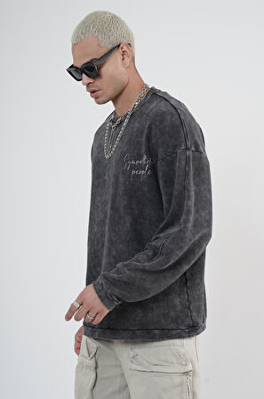 Bisiklet Yaka Ön ve Arka Basılı Yıkamalı Oversize Kalıp Unisex Sweatshirt