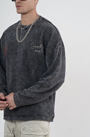 Bisiklet Yaka Ön ve Arka Basılı Yıkamalı Oversize Kalıp Unisex Sweatshirt