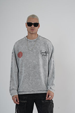 Bisiklet Yaka Ön ve Arka Basılı Yıkamalı Oversize Kalıp Unisex Sweatshirt